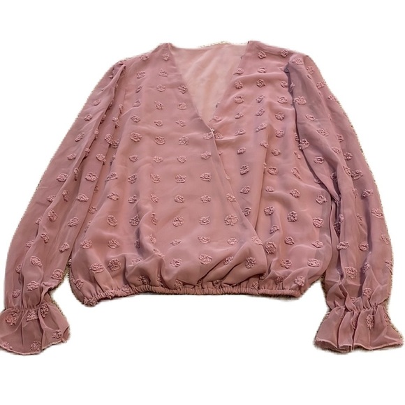 Sheer V-Neck Long Sleeve Rose Pink Blouse with Embroidered Flowers Size Medium - Picture 1 of 9
